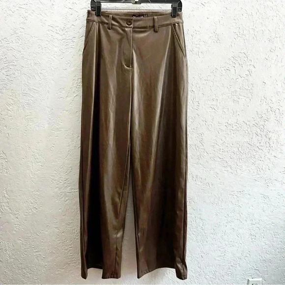 PrettyLittleThing Chocolate PU High Waist Wide Leg Pants Size 6 - Picture 1 of 12